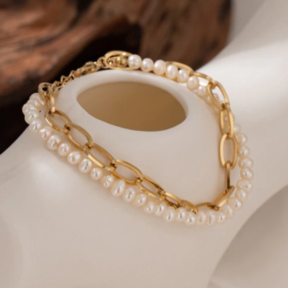 New 18K Gold Natural Pearls Double Layer Bracelet - Picture 3 of 11